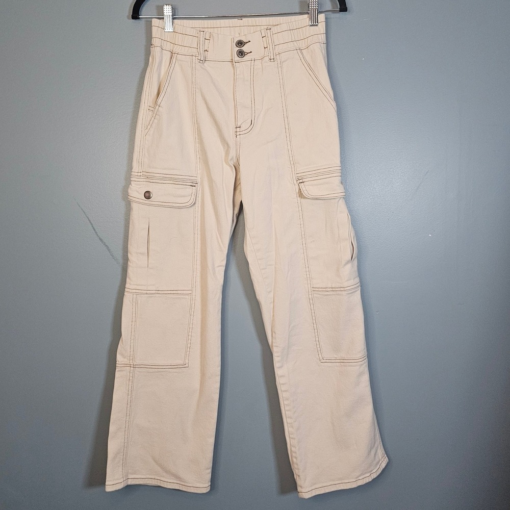Lilac Sunset Cream Cargo Pants High Rise Straight Leg Contrast Stitch Size 7/8